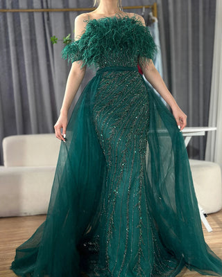 2024 Saudi Arabic Beaded Caramel Mermaid Evening Dress - Elegant Gown with Overskirt for Formal Occasions