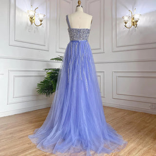 Blue One Shoulder High Split Mermaid Evening Dress with Beaded Overskirt - Elegant Gown for Women Party