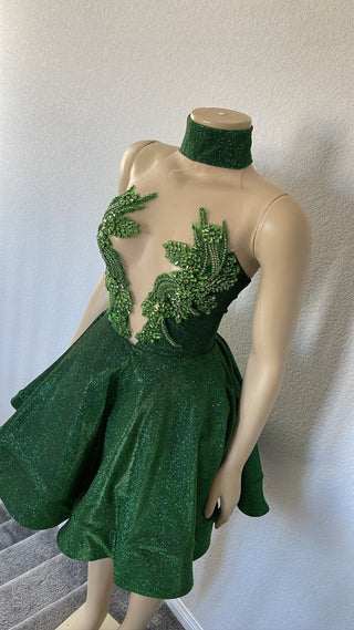 Chic Green Halter Mini Dress with Embellished Bodice and Full Skirt