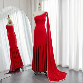 Arabic Luxury: Burgundy One-Shoulder Evening Dress with Cape Sleeve - Elegance for Women's Wedding and Dubai Formal Party Gowns