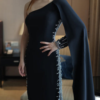 Arabic Luxury Elegance: Black One-Shoulder Mermaid Evening Dress with Cape Sleeve (2024)