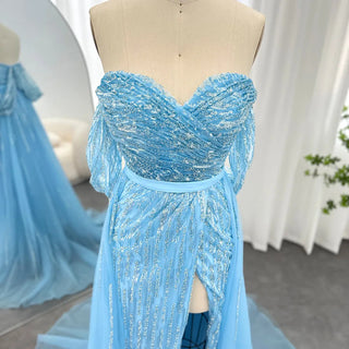 Azure Elegance: Blue Mermaid Evening Gown with High Split - Dubai-Inspired Luxury for Grand Wedding Affairs and Prom Celebrations.
