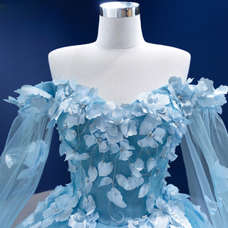 Blue Princess Elegance: Lace Flower Evening Party Wedding Gowns Dress