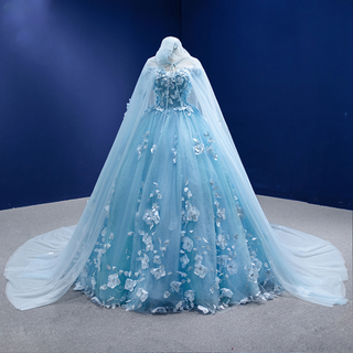 Blue Princess Elegance: Lace Flower Evening Party Wedding Gowns Dress