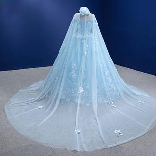Blue Princess Elegance: Lace Flower Evening Party Wedding Gowns Dress