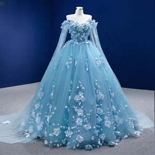 Blue Princess Elegance: Lace Flower Evening Party Wedding Gowns Dress