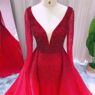 Burgundy Brilliance: Luxury Crystal Evening Dresses with Overskirt and Long Sleeves, Perfect for Elegant Arabic-inspired Wedding Party Gowns.