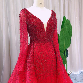 Burgundy Brilliance: Luxury Crystal Evening Dresses with Overskirt and Long Sleeves, Perfect for Elegant Arabic-inspired Wedding Party Gowns.