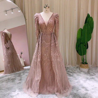 Burgundy Long Sleeve Dubai Evening Dresses with Overskirt: Pink Arabic Plus Size Formal Dress for Wedding Party Gowns