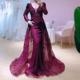 Burgundy Long Sleeve Dubai Evening Dresses with Overskirt: Pink Arabic Plus Size Formal Dress for Wedding Party Gowns
