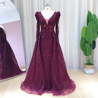 Burgundy Long Sleeve Dubai Evening Dresses with Overskirt: Pink Arabic Plus Size Formal Dress for Wedding Party Gowns