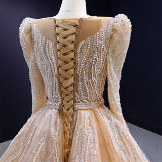 Champagne Elegance: Long Sleeve Beaded Mermaid Evening Dresses with Detachable Train