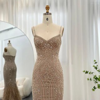 Champagne Feathers Elegance: Spaghetti Straps Luxury Evening Dresses for Women's Wedding, Long Mermaid Party, and Prom Attire