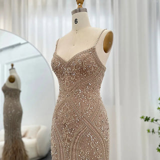 Champagne Feathers Elegance: Spaghetti Straps Luxury Evening Dresses for Women's Wedding, Long Mermaid Party, and Prom Attire