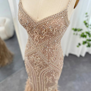 Champagne Feathers Elegance: Spaghetti Straps Luxury Evening Dresses for Women's Wedding, Long Mermaid Party, and Prom Attire