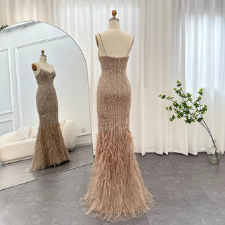 Champagne Feathers Elegance: Spaghetti Straps Luxury Evening Dresses for Women's Wedding, Long Mermaid Party, and Prom Attire