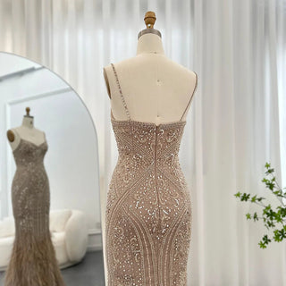 Champagne Feathers Elegance: Spaghetti Straps Luxury Evening Dresses for Women's Wedding, Long Mermaid Party, and Prom Attire