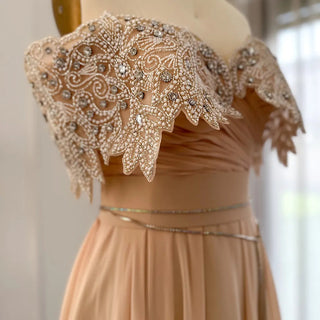 Champagne Glamour: Luxury Crystal Dubai Evening Dress - Perfect for Women's Weddings, Guest Parties, and Elegant Arabic Formals