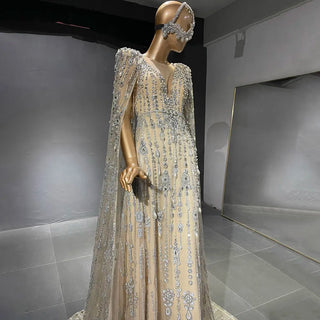 Crystal Cascade: Arabic Cape-Sleeved Evening Gown for Dubai Elegance
