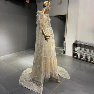 Crystal Cascade: Arabic Cape-Sleeved Evening Gown for Dubai Elegance