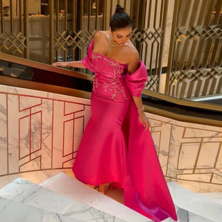 Dubai Fuchsia Dreams: 2024 Luxury Mermaid Evening Dress with Cape Shawl for Arabic Women at Long Wedding Parties and as Esteemed Guests.