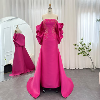 Dubai Fuchsia Dreams: 2024 Luxury Mermaid Evening Dress with Cape Shawl for Arabic Women at Long Wedding Parties and as Esteemed Guests.