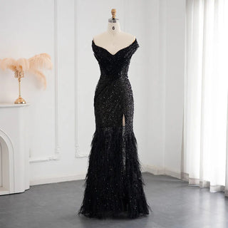 Dubai Midnight: Black Feathered Mermaid Dress with Off Shoulder & High Slit for Wedding Guests