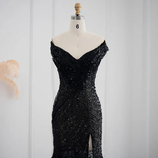 Dubai Midnight: Black Feathered Mermaid Dress with Off Shoulder & High Slit for Wedding Guests