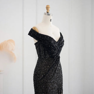 Dubai Midnight: Black Feathered Mermaid Dress with Off Shoulder & High Slit for Wedding Guests