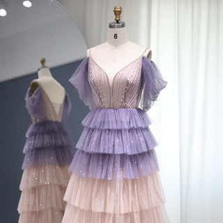 Dubai Twilight Sparkle: Ombre Lilac and Pink Evening Dress with Cape Sleeves, 2024 Luxury Fashion for Women at Wedding Parties and Formal Events.