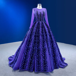 Elegance in Crystal: High Neck Long Sleeve Evening Dress for Women's Party