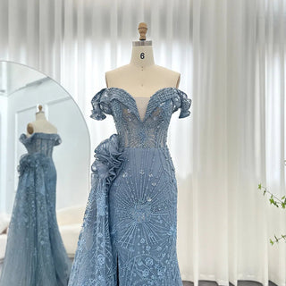 Luxurious Dubai Mermaid Evening Dresses in Blue with 3D Flowers and Overskirt: Elegant Choice for Plus Size Women's Wedding Party Gown