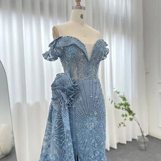 Luxurious Dubai Mermaid Evening Dresses in Blue with 3D Flowers and Overskirt: Elegant Choice for Plus Size Women's Wedding Party Gown