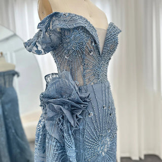 Luxurious Dubai Mermaid Evening Dresses in Blue with 3D Flowers and Overskirt: Elegant Choice for Plus Size Women's Wedding Party Gown