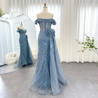 Luxurious Dubai Mermaid Evening Dresses in Blue with 3D Flowers and Overskirt: Elegant Choice for Plus Size Women's Wedding Party Gown