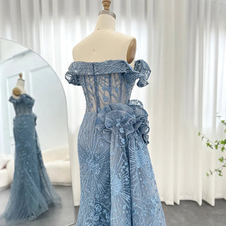 Luxurious Dubai Mermaid Evening Dresses in Blue with 3D Flowers and Overskirt: Elegant Choice for Plus Size Women's Wedding Party Gown