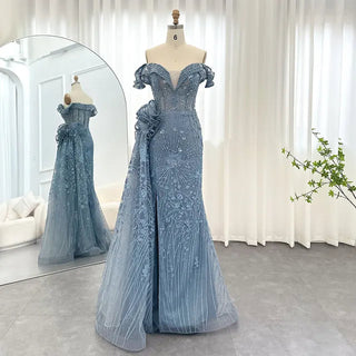 Luxurious Dubai Mermaid Evening Dresses in Blue with 3D Flowers and Overskirt: Elegant Choice for Plus Size Women's Wedding Party Gown