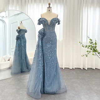 Luxurious Dubai Mermaid Evening Dresses in Blue with 3D Flowers and Overskirt: Elegant Choice for Plus Size Women's Wedding Party Gown