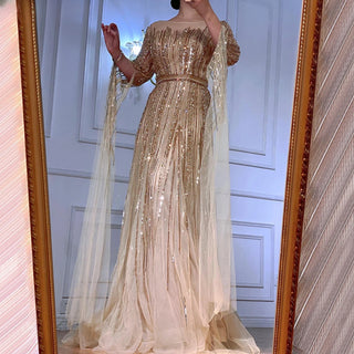 Elegance Reimagined: 2024 Enchantress Gold Beaded A-Line Evening Gown with Cape Sleeves
