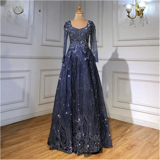 Brown A-Line Evening Dress 2024 - Beaded Long Sleeves V-Neck Luxury For Women's Formal Party Gown