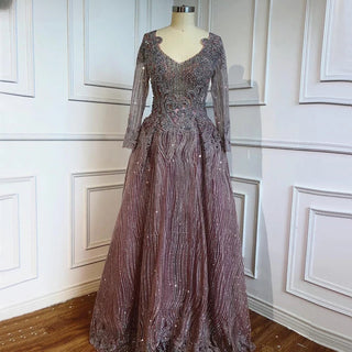 Brown A-Line Evening Dress 2024 - Beaded Long Sleeves V-Neck Luxury For Women's Formal Party Gown