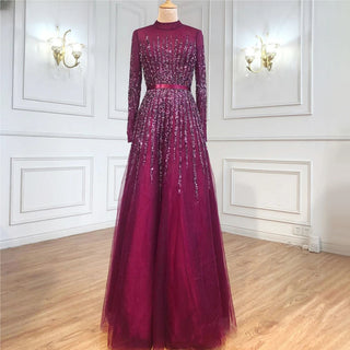 Blue A-Line Muslim Evening Dress 2024: Luxury Beaded Crystal, Ideal for Women's Party