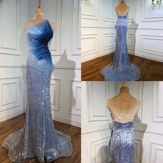 Elegance in Grey Blue: 2024 Mermaid Evening Gown with Strapless Design and Sexy Formal Appeal