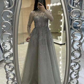 Dubai Luxury Grey Beaded A-Line Evening Dress 2024: Modest Style for Muslim Women's Party Gown and Prom Dress