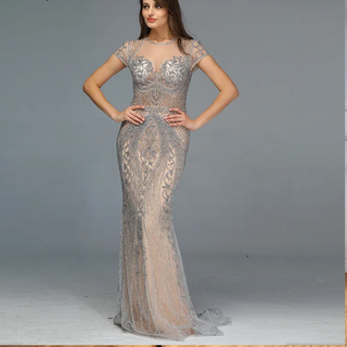 Dubai Grey Full Diamond Mermaid Evening Dress 2024 with Cap Sleeves - Ideal for Women's Formal Party