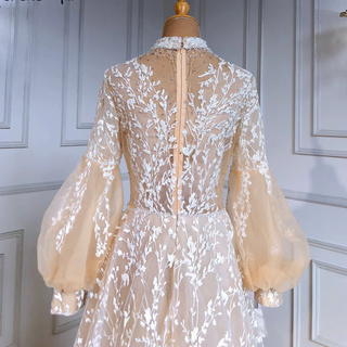 Beige Luxury Evening Gown 2024: Lace Beaded A-Line Wedding Party Dress for Women