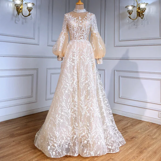 Beige Luxury Evening Gown 2024: Lace Beaded A-Line Wedding Party Dress for Women