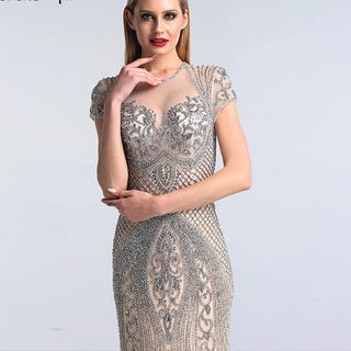 Dubai Grey Full Diamond Mermaid Evening Dress 2024 with Cap Sleeves - Ideal for Women's Formal Party