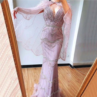 Dubai Caramel Mermaid Elegant Evening Dress 2024: Sleeveless with Shawl Yarn Feathers - Formal Attire