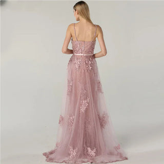 2024 Pink Sling Lace Flower Pearl Evening Dress: Sleeveless Luxury Tulle Elegance
